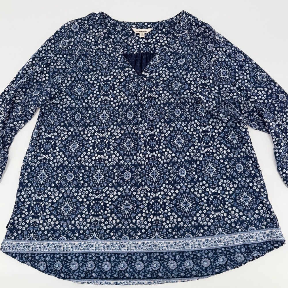 LUCKY BRAND Blue Floral Tunic Blouse 1X V Neck Three Quarter Sleeve Boho